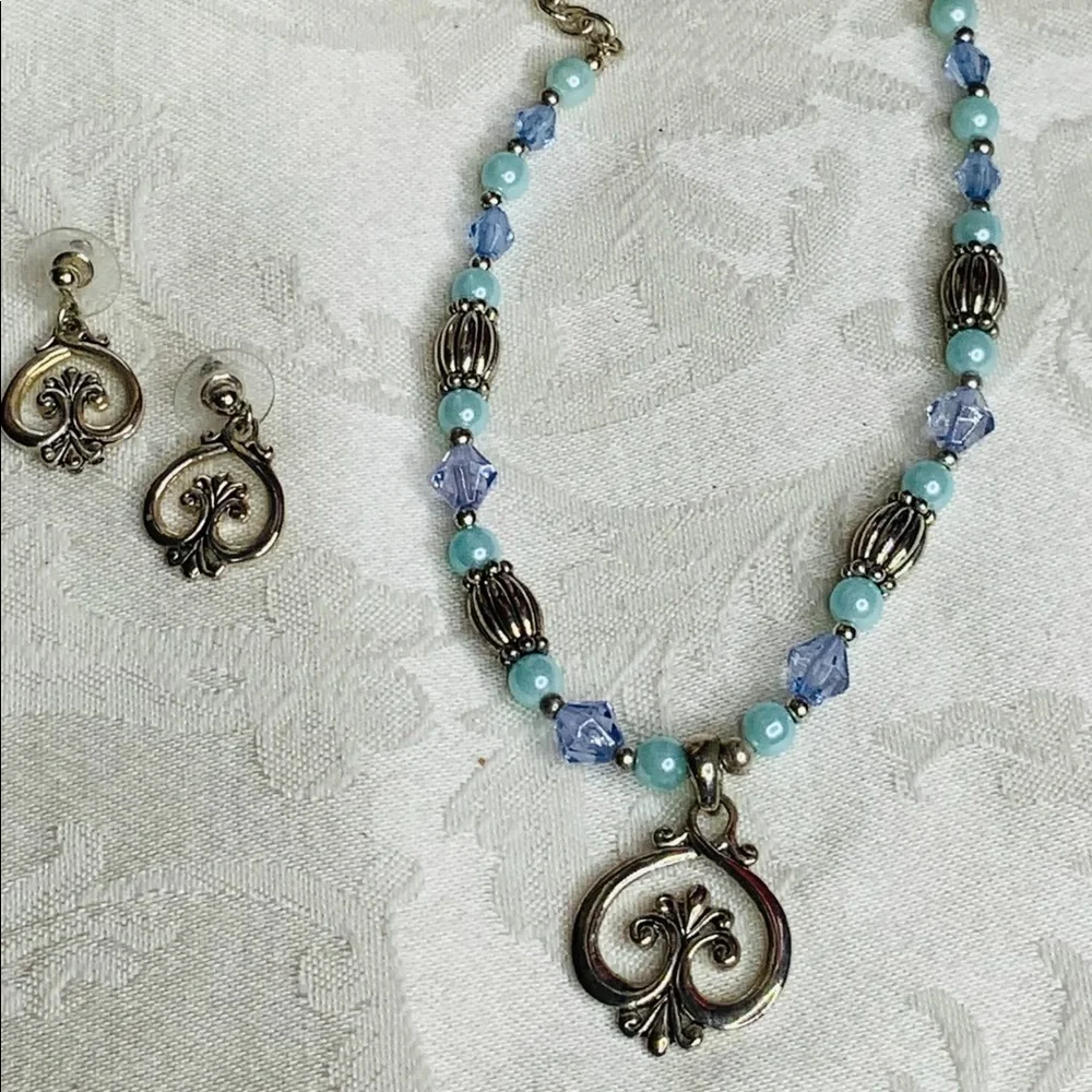 Blue Pearl, Lavender/Silver Bead Heart Necklace 16”-18” & 1” Earrings